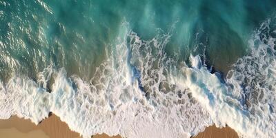 ai generato. ai generativo. superiore aereo fuco aria sopra Visualizza di oceano mare onde spiaggia. isola vacanza avventura fare surf tropicale vibrazione. grafico arte foto