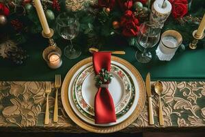 Natale tavolo scappa, elegante formale cena tavolo ambientazione, tablescape con vacanza decorazione per festa evento celebrazione, generativo ai foto