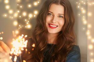 vacanza Magia, Natale e nuovo anno celebrazione, contento donna con sparklers foto
