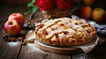 Mela torta nel rustico sfondo foto