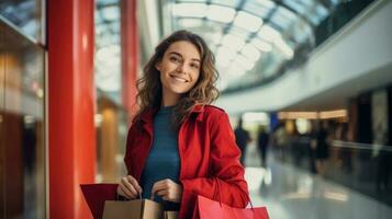 contento donna con colorato shopping borse foto