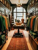 alto strada Al dettaglio, piccolo attività commerciale e commerciale interno, moda memorizzare nel il inglese campagna stile, elegante nazione capi di abbigliamento negozio showroom e lussuoso boutique nel il vecchio cittadina, generativo ai foto