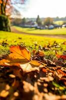 astratto autunno scena e inglese nazione stile Casa villaggio su sfondo, bellissimo campagna natura con autunnale le foglie e bokeh, generativo ai foto