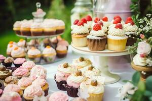 cupcakes, torte, panetti e muffin e vacanza decorazione all'aperto a il inglese nazione stile giardino, dolce dolci per nozze, compleanno o festa celebrazione, generativo ai foto