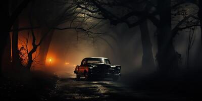 ai generato. ai generativo. Vintage ▾ retrò classico auto su strada nebbia nebbia foresta albero natura all'aperto buio Gotico pauroso Halloween vibrazione. grafico arte foto