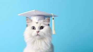 carino rosso gatto festeggiare con la laurea cap. minimalista pastello blu sfondo. foto