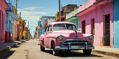 ai generato. ai generativo. classico Vintage ▾ retrò rosa cadillac a Cuba latino tropicale esotico paesaggio. avventura vacanza caribiam palme alberi soleggiato strada vibrazione. grafico arte foto