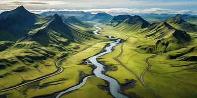 ai generato. ai generativo. natura all'aperto paesaggio selvaggio bellezza montagna fiume campo fuco aria foto illustrazione. avventura viaggio vacanza vibrazione. grafico arte