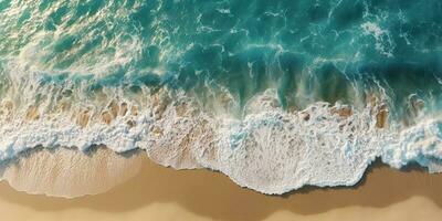 ai generato. ai generativo. superiore aereo fuco aria sopra Visualizza di oceano mare onde spiaggia. isola vacanza avventura fare surf tropicale vibrazione. grafico arte foto