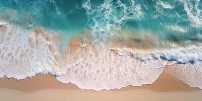 ai generato. ai generativo. superiore aereo fuco aria sopra Visualizza di oceano mare onde spiaggia. isola vacanza avventura fare surf tropicale vibrazione. grafico arte foto