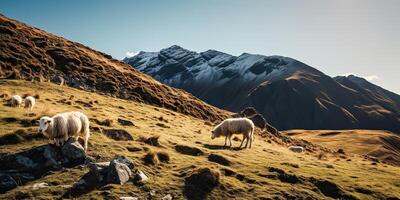 ai generato. ai generativo. pecore pascolo su bellissimo montagna colline paesaggio. pace freddo all'aperto natura vibrazione. grafico arte foto