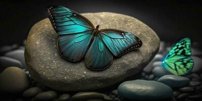 ai generato. ai generativo. bellissimo blu farfalla su zen pietra ciottolo. calma meditazione natura all'aperto paesaggio. zen spirituale vibrazione. grafico arte foto