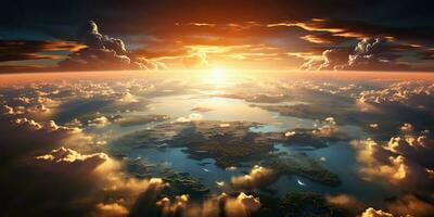 ai generato. ai generativo. aria fuco aereo Visualizza Cloudscape paesaggio natura all'aperto volare a partire dal sopra terra nuvole sole raggi di sole. grafico arte foto