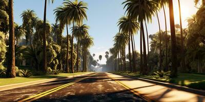 ai generato. ai generativo. americano miami California strada viaggio con palme. avventura viaggio vacanza vibrazione. grafico arte foto