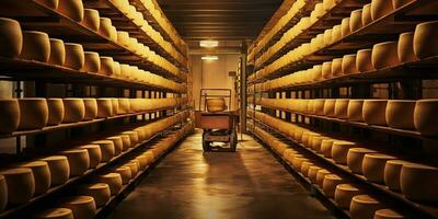 ai generato. ai generativo. formaggio fabbricazione fabbrica magazzino Conservazione fresco cibo pasto capra mucca Prodotto. grafico arte foto