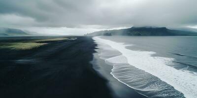 ai generato. ai generativo. Islanda aereo aria fuco Visualizza. costo spiaggia oceano onda linea. nero sabbia paesaggio. avventura natura viaggio vibrazione. grafico arte foto