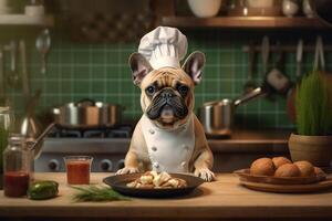 divertente Immagine di un' francese bulldog nel un' capocuoco costume, in mostra culinario umorismo nel il cucina ambientazione. copia spazio Perfetto per legati al cibo progetti e a tema intrattenimento disegni, ai generativo foto