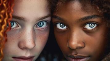 drammatico avvicinamento ritratto di un' dai capelli rossi ragazza e un africano americano ragazza guancia per guancia tutti e due con sbalorditivo blu occhi - generativo ai. foto