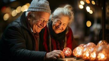 contento anziano adulto coppia decorazione per il vacanze insieme - generativo ai. foto