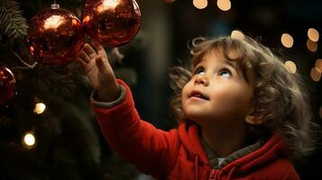 un' giovane ragazza bambino godendo decorazione il Natale albero - generativo ai. foto