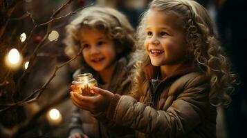 giovane bambini godendo decorazione il Natale albero insieme - generativo ai. foto