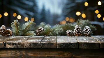 Natale a tema decorativo vuoto di legno base per Prodotto articolo o testo Schermo. foto