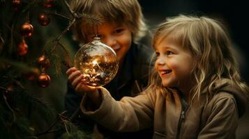 giovane bambini godendo decorazione il Natale albero insieme - generativo ai. foto