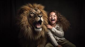 impavido femmina bambino ridendo come lei si siede Il prossimo per un' molto grande ruggente Leone seduta Il prossimo per sua - generativo ai. foto