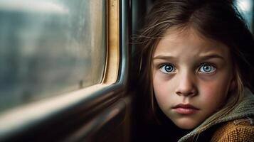 triste, paura, solitario e freddo bambino si siede su un' scuola autobus solo - generativo ai. foto