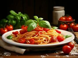 pasta con carne salsa e alcuni pomodori foto