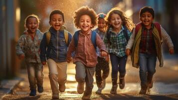 contento ridendo multietnico bambini su loro modo per scuola - generativo ai. foto