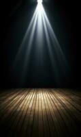 vuoto buio palcoscenico con riflettore anno Domini di legno pavimento foto