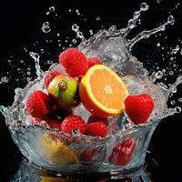 fresco frutta nel acqua spruzzata. generativo ai foto