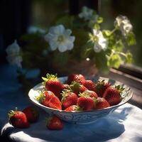 fragola su giardino sfondo. generativo ai foto