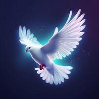 colomba di pace. internazionale giorno di pace. volante bianca colomba con neon effetti su buio sfondo. generativo ai foto