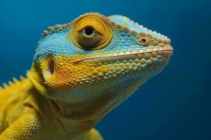 avvicinamento di un' giallo camaleonte lucertola su un' blu sfondo. generativo ai foto