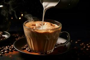latte è versato in un' tazza di caldo cioccolato caffè con caffè fagioli nel bar foto
