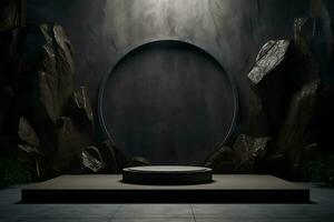 modello per podio esposizione o vetrina con un' minimalista nero geometrico pietra e roccia modulo sfondo. generativo ai foto