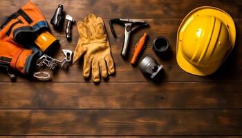 americano bandiera con sicurezza casco e utensili su di legno sfondo. lavoro duro e faticoso giorno concetto, generativo ai foto