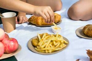 Due studentesse mangiare patatine fritte con salsa a un' picnic nel il parco. eco-friendly monouso stoviglie. scuola pasti foto