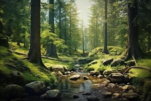 bellissimo estate montagna paesaggio con un' fiume sfondo con ai generato. foto