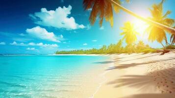 illustrazione Immagine, spiaggia scena con cristallino turchese acque, polveroso bianca sabbia, palma foglie, scintillante onde e blu soleggiato cielo, con copia spazio, generativo ai illustrazione foto