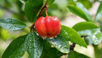 acerola su il albero con acqua gocce su un' naturale sfondo foto