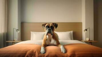 pugile cane dire bugie su letto nel Hotel con contemporaneo interno design. generativo ai foto