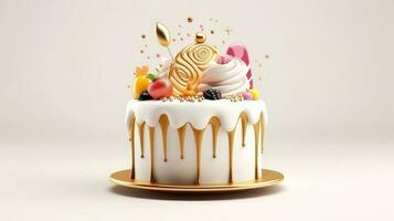 3d illustrazione di oro carino compleanno torta, dolce torta per un' sorpresa compleanno, per anniversario e celebrazione ,madre giorno, San Valentino giorno, torta, cupcake, generativo ai illustrazione foto