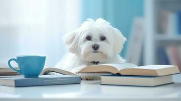 un' maltese cane nel un' maglione si siede studiando accompagnato di un' tazza e emorroidi di libri. generativo ai foto