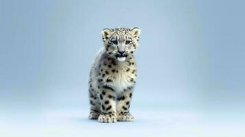 foto di un' neve leopardo su bianca sfondo. generativo ai