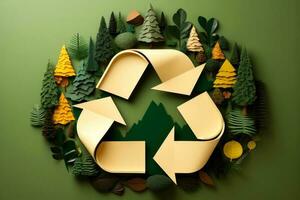 ecosistema restauro, ambiente giorno concetto albero sfondo. riciclare icona carta tagliare bandiera con foresta. ecologia progetto concetto, generativo ai illustrazione foto