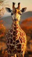 vicino su foto di giraffa su savana a tramonto. generativo ai