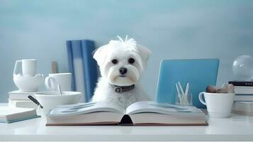un' maltese cane nel un' maglione si siede studiando accompagnato di un' tazza e emorroidi di libri. generativo ai foto